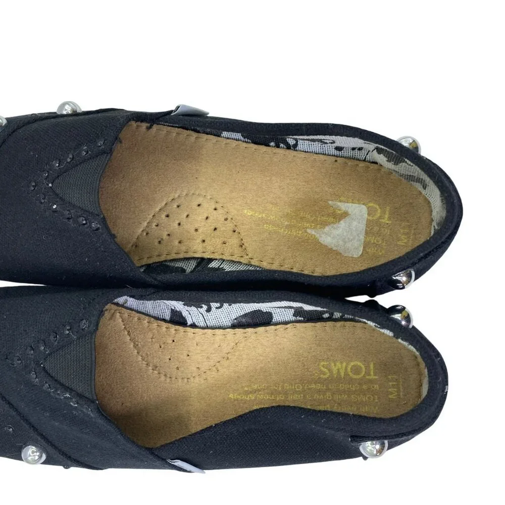 TOMS Women Classic Canvas Slip-Ons Studded Black Rhinestone Alpargatas Size 11 M